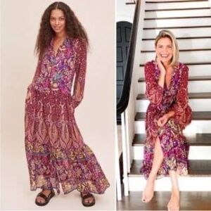 Anthropologie Nikole Dress Size 2X Pink Flower Sheer Tiered Collar Pockets Maxi
